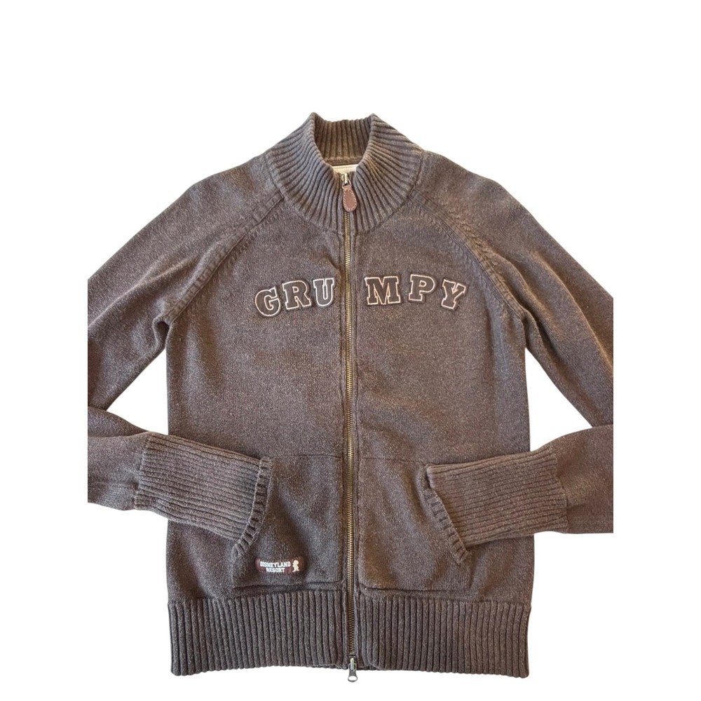 Disneyland Resort Brown Elbow Patches GRUMPY Cotton Full Zip Y2K Sweater, M
